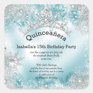 Sticker Carré Quinceanera 15e hiver Wonderland Argent Turquoise 