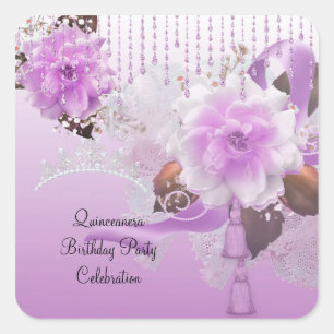 Sticker Carré Quinceanera 15ème lilas rose floral blanc