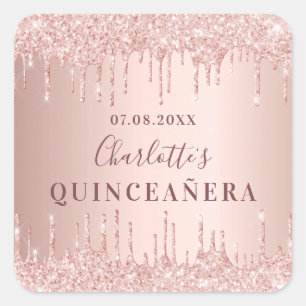 Sticker Carré Quinceanera anniversaire rose or parties scintilla