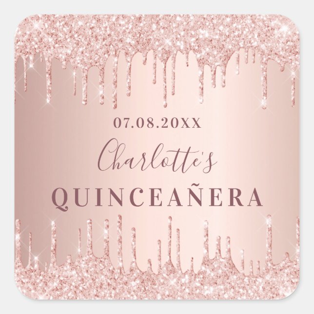 Sticker Carré Quinceanera anniversaire rose or parties scintilla (Devant)