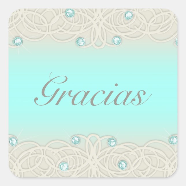 Sticker Carré Quinceanera Aqua Éperche et dentelle (Devant)