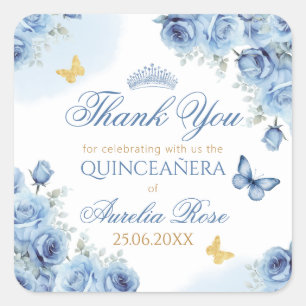 Sticker Carré Quinceañera Blue Floral Gold Butterfly Tiara