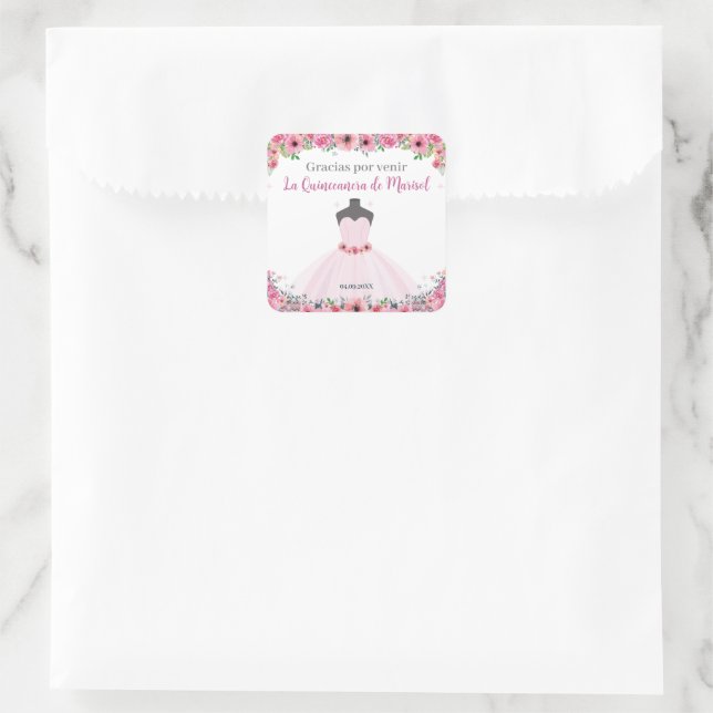 Sticker Carré Quinceanera Florale Rose (Sac)