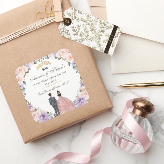 Sticker Carré Quinceañera Lilac Blush Floral Twins Garçon Girl (Cadeaux)