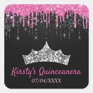 Sticker Carré Quinceanera noir et rose paillettes ruisselantes