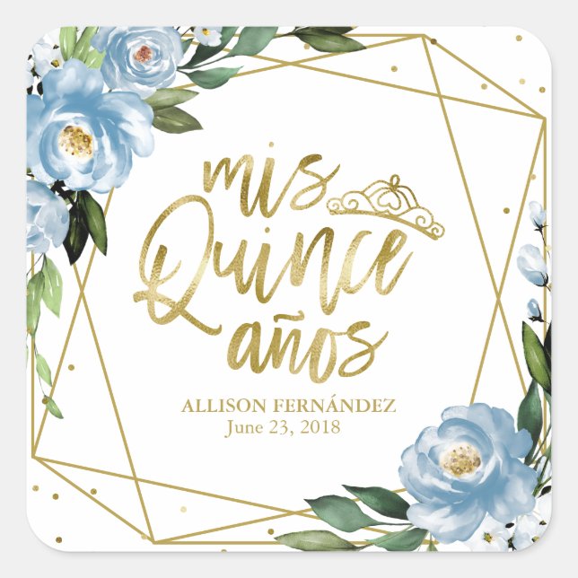 Sticker Carré Quinceanera Party Gold Foil Dusty Blue Floral (Devant)