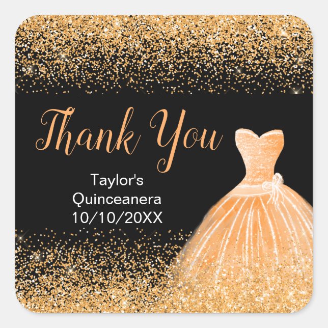 Sticker Carré Quinceanera Peach Orange Robe Faux Parties scintil (Devant)