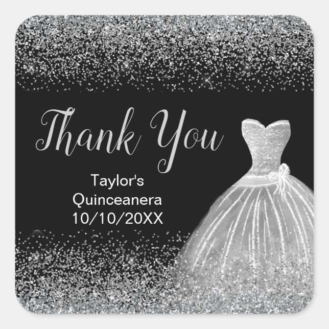 Sticker Carré Quinceanera Robe Argent Parties scintillant Faux (Devant)