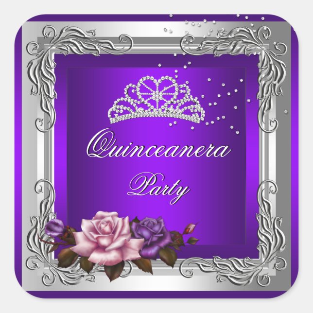 Sticker Carré Quinceanera, Rose d'argent violet, 15e anniversair (Devant)