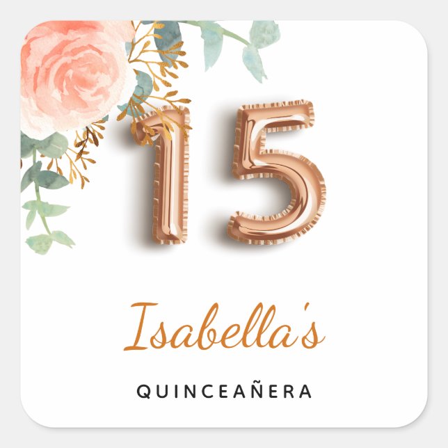 Sticker Carré Quinceanera rose floral or eucalyptus monogramme (Devant)