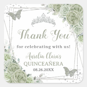 Sticker Carré Quinceañera Sage Green Floral Papillons en argent