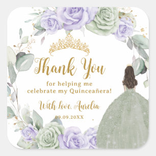 Sticker Carré Quinceañera Sage Vert violet Lilac Or Floral
