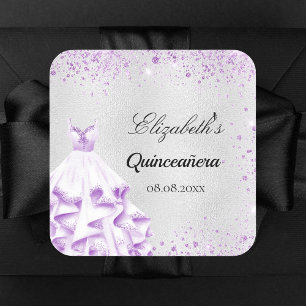 Sticker Carré Quinceanera silver purple glitter dress
