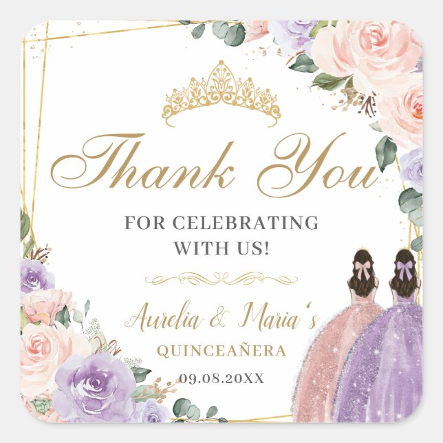 Sticker Carré Quinceañera Sweet 16 Lilac Blush Floral Twin Girls (Devant)