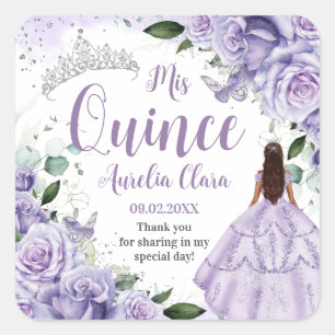Sticker Carré Quinceañera Violet Rose Floral Silver Princesse
