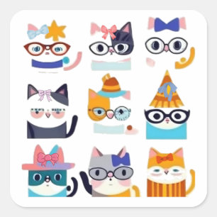 Sticker Carré Quirky Cat Whimsical Feline Art pour Amoureux de l