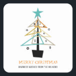 Sticker Carré Quirky Vintage Christmas Tree Mid Century Moderne<br><div class="desc">Donnez à vos amis et à votre famille un autocollant amusant style du milieu du siècle sur leur carte de vacances cette année. Avec son arbre de Noël rétro et funky en bleu turquoise,  orange,  bronzé,  or et noir,  il est sûr d'être aimé par tous ceux qui le reçoivent.</div>
