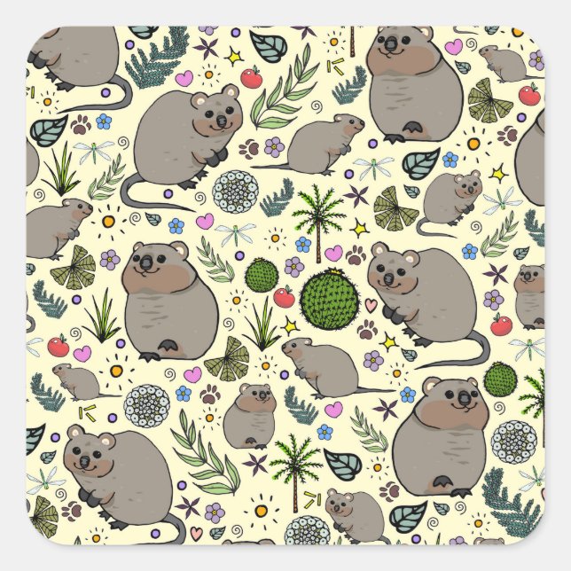 Sticker Carré Quokkas en Jaune (Devant)