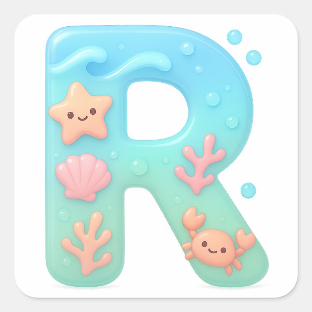 Sticker Carré "R" Cute Letter - Underwater Sea Creature  (Devant)