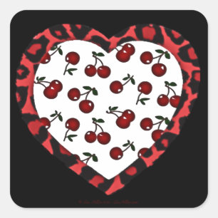 Sticker Carré RAB Rockabilly Cherries Coeur Empreinte de léopard