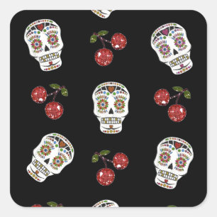 Sticker Carré RAB Rockabilly Sugar Skulls Cherries On Black
