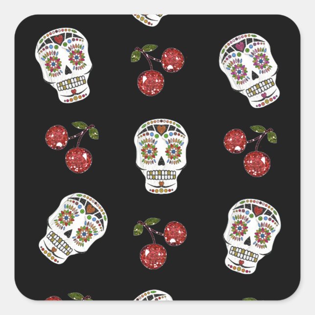 Sticker Carré RAB Rockabilly Sugar Skulls Cherries On Black (Devant)