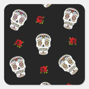 Sticker Carré RAB Rockabilly Sugar Skulls Roses sur fond noir