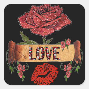 Sticker Carré RAB Rockabilly Valentine Roses, Love & Lipstick