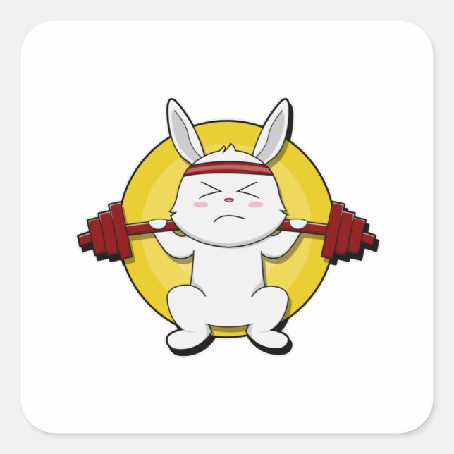 Sticker Carré Rabbit à Bodybuilding avec Barbell (Devant)
