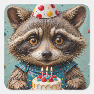 Sticker Carré Raccoon adorable avec gâteau d'anniversaire