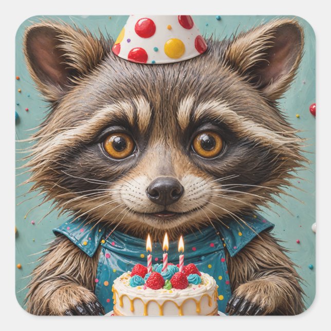 Sticker Carré Raccoon adorable avec gâteau d'anniversaire (Devant)