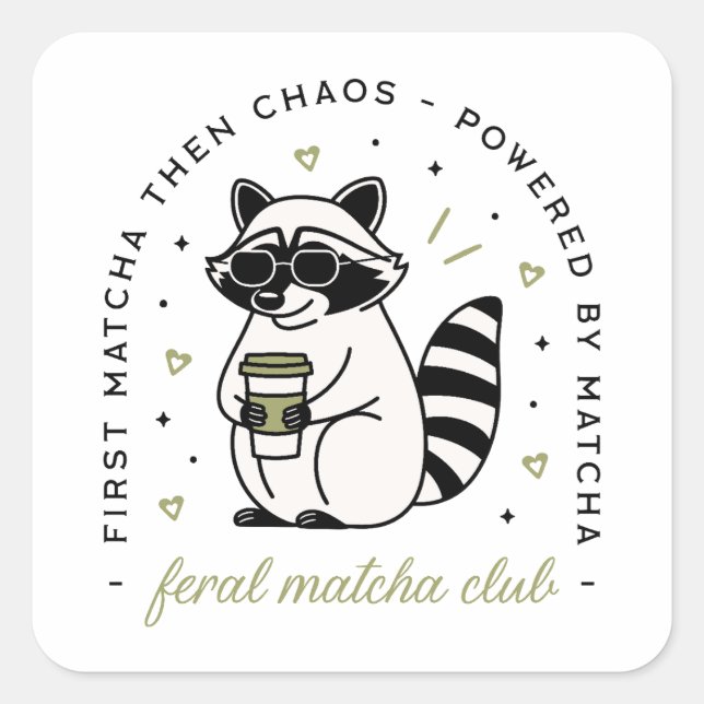 Sticker Carré Raccoon avec club matcha drôle kawaii esthétique (Devant)
