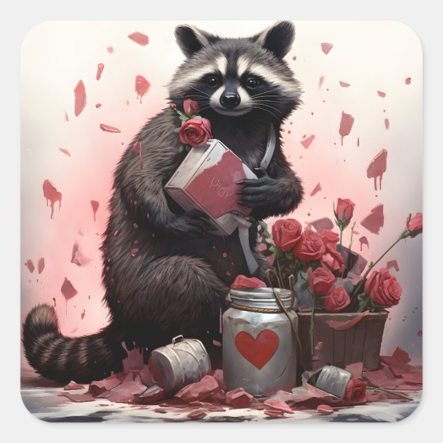 Sticker Carré Raccoon avec valentines journée ordures (Devant)