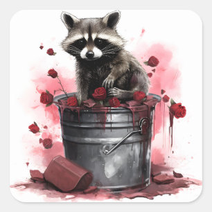 Sticker Carré Raccoon dans poubelle Valentines jour