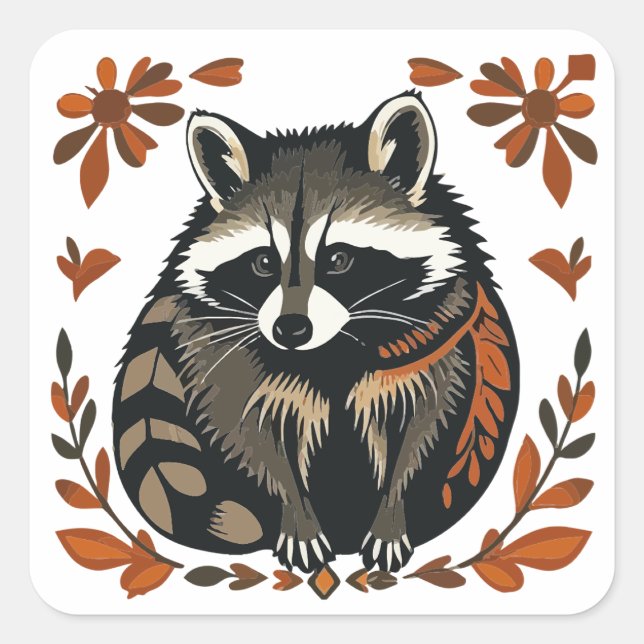 Sticker Carré Raccoon de Whimsical Woodland Animal Folk ou Triba (Devant)