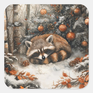 Sticker Carré Raccoon dormant Whimsical Noël rustique