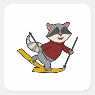 Sticker Carré Raccoon en ski avec des pôles de ski et de ski