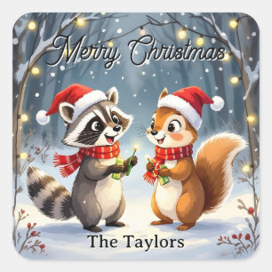 Sticker Carré Raccoon et écureuil suspendus lumières de Noël