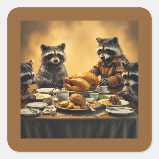 Sticker Carré Raccoon Family Thanksgiving (Devant)