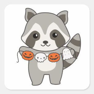 Sticker Carré Raccoon Happy Halloween Citrouille Chat Costume Ca