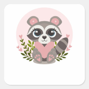 Sticker Carré Raccoon Holding a heart for Valentine's Day