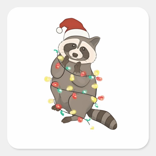 Sticker Carré Raccoon Joyeux Noël Lumières Santa Chapon Xmas Nei (Devant)