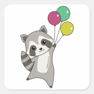 Sticker Carré Raccoon Mouches Ballons Au-Dessus De Mignons Anima