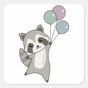 Sticker Carré Raccoon Mouches Ballons Au-Dessus De Mignons Anima