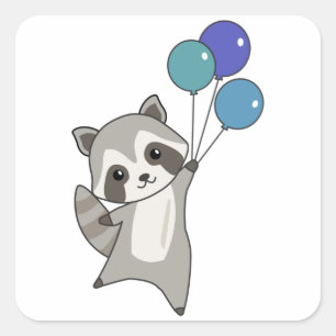 Sticker Carré Raccoon Mouches Ballons Au-Dessus De Mignons Anima