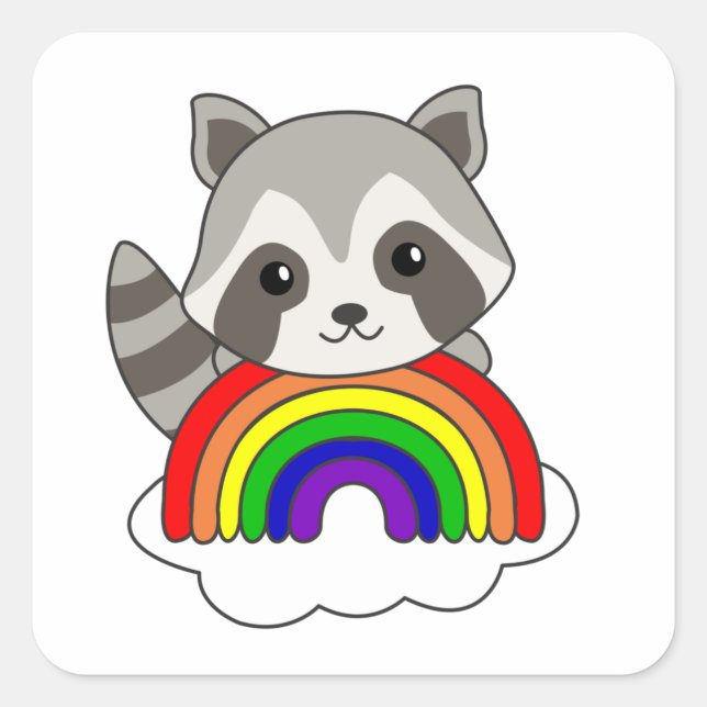 Sticker Carré Raccoon Rainbow Sweet Animaux Raccoon coloré (Devant)