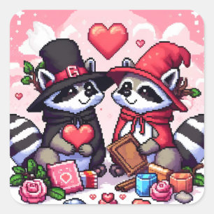Sticker Carré Raccoons dans l'art des pixels amoureux