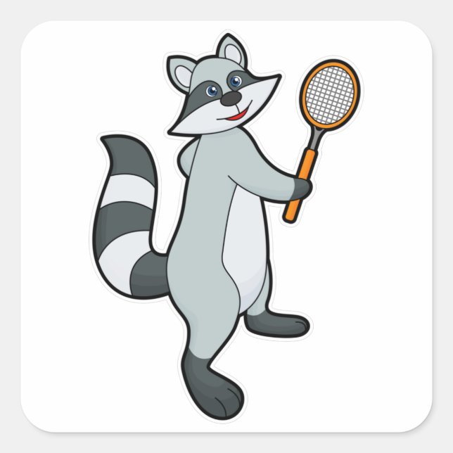 Sticker Carré Racoon comme joueur de tennis avec raquette de ten (Devant)
