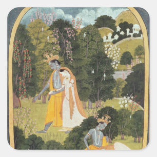 Sticker Carré Radha et Krishna marchant dans un bois