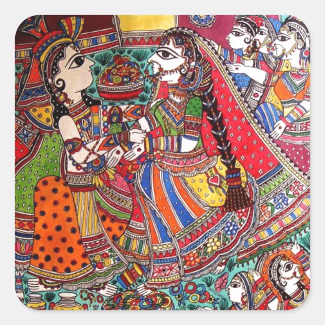 STICKER CARRÉ RADHA KRISHNA HINDU GODS MADHUBANI ART STYLE (Devant)